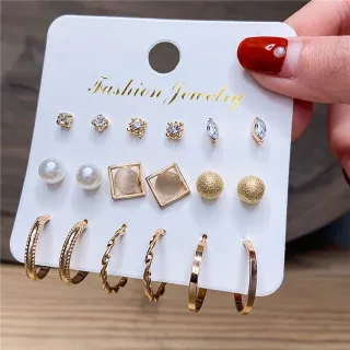 Golden Pearl Crystal Stud Earrings With Hoops (9 pairs)
